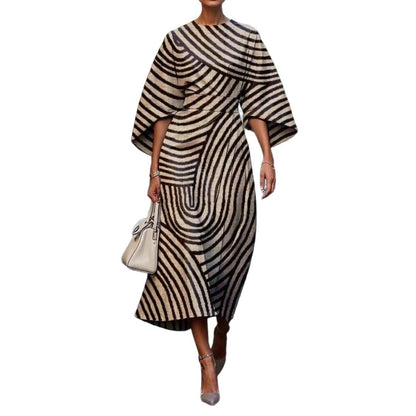 Printed Midi Dress with Three-Quarter Bat Sleeves
