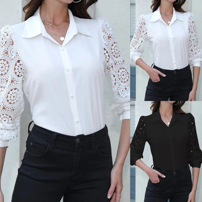 Button-Down Shirt with Lace Sleeves and Lapel Collar