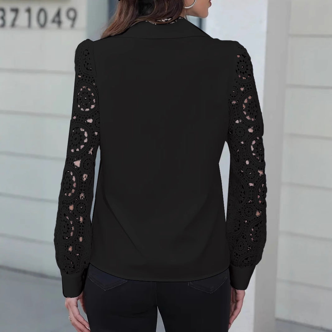 Button-Down Shirt with Lace Sleeves and Lapel Collar