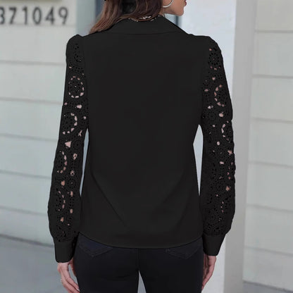 Button-Down Shirt with Lace Sleeves and Lapel Collar