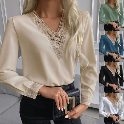 Solid Blouse with Lace-Trimmed V-Neck and Cuffs