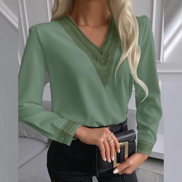 Solid Blouse with Lace-Trimmed V-Neck and Cuffs