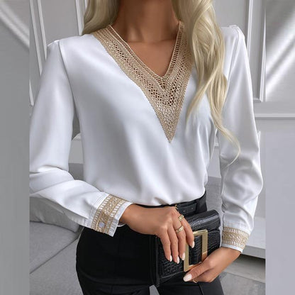 Solid Blouse with Lace-Trimmed V-Neck and Cuffs