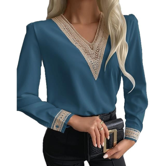 Solid Blouse with Lace-Trimmed V-Neck and Cuffs