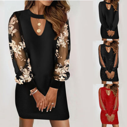 Sheath Mini Dress with V-neck Cutout and Lace Puff Sleeves
