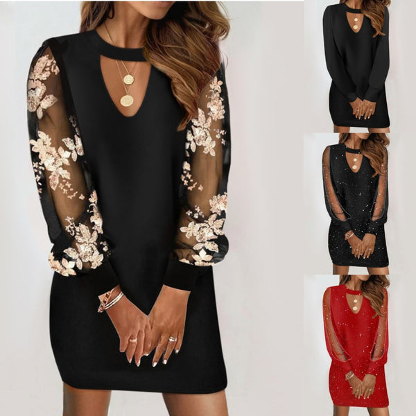 Sheath Mini Dress with V-neck Cutout and Lace Puff Sleeves