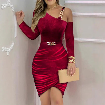 Bodycon Velvet Dress with One-Shoulder and Chain Belt