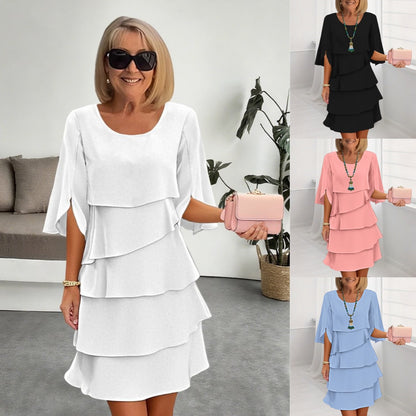 Solid Tiered Dress with Round Neck and Flared Sleeves