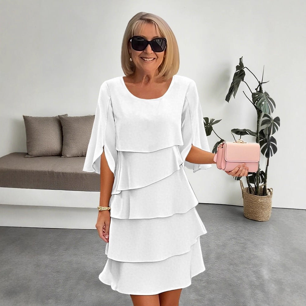 Solid Tiered Dress with Round Neck and Flared Sleeves