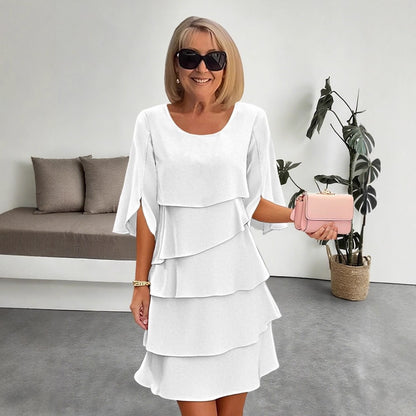 Solid Tiered Dress with Round Neck and Flared Sleeves
