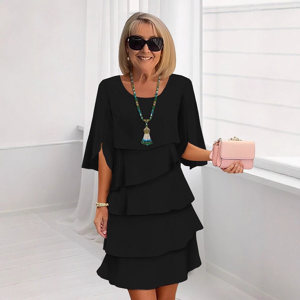 Solid Tiered Dress with Round Neck and Flared Sleeves