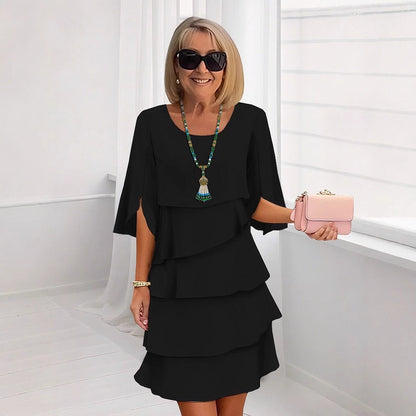 Solid Tiered Dress with Round Neck and Flared Sleeves
