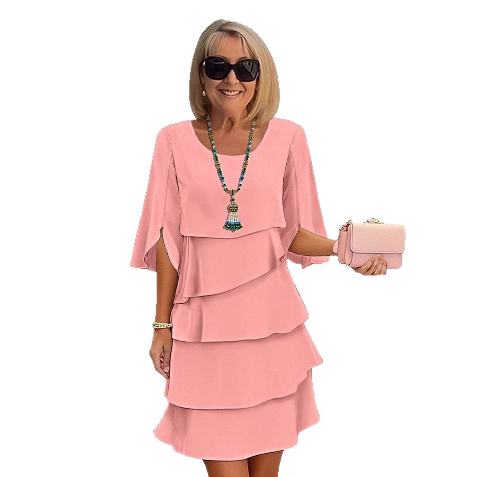 Solid Tiered Dress with Round Neck and Flared Sleeves