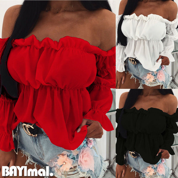 Solid Off-Shoulder Blouse with Ruffled Long Sleeves