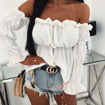 Solid Off-Shoulder Blouse with Ruffled Long Sleeves