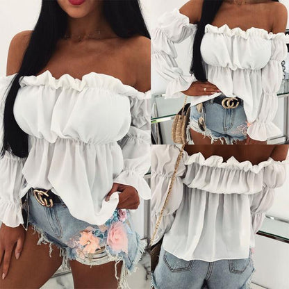 Solid Off-Shoulder Blouse with Ruffled Long Sleeves