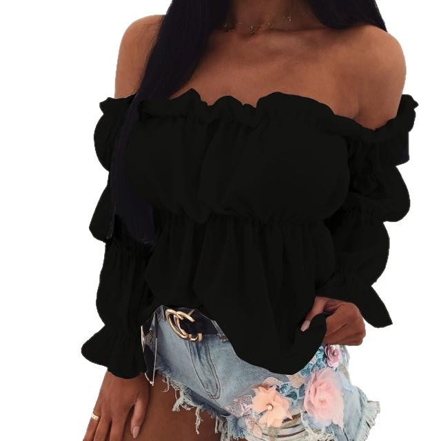 Solid Off-Shoulder Blouse with Ruffled Long Sleeves