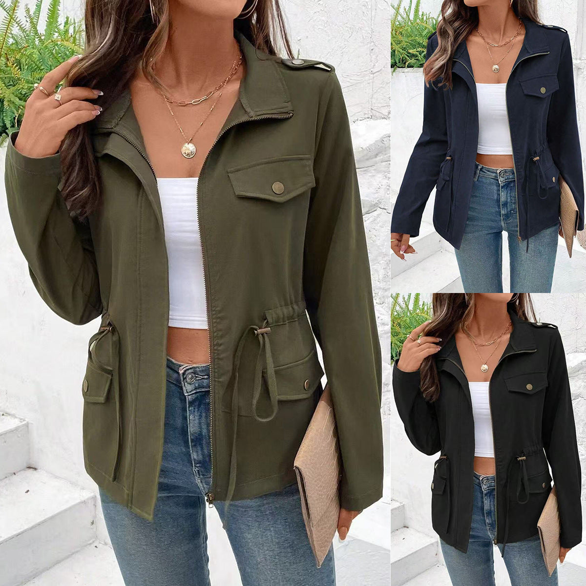Solid Utility Jacket with Drawstring Waist and Lapel Collar