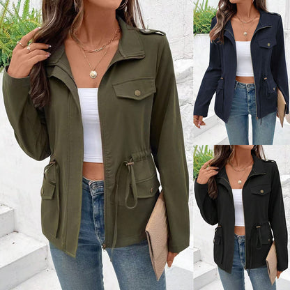 Solid Utility Jacket with Drawstring Waist and Lapel Collar