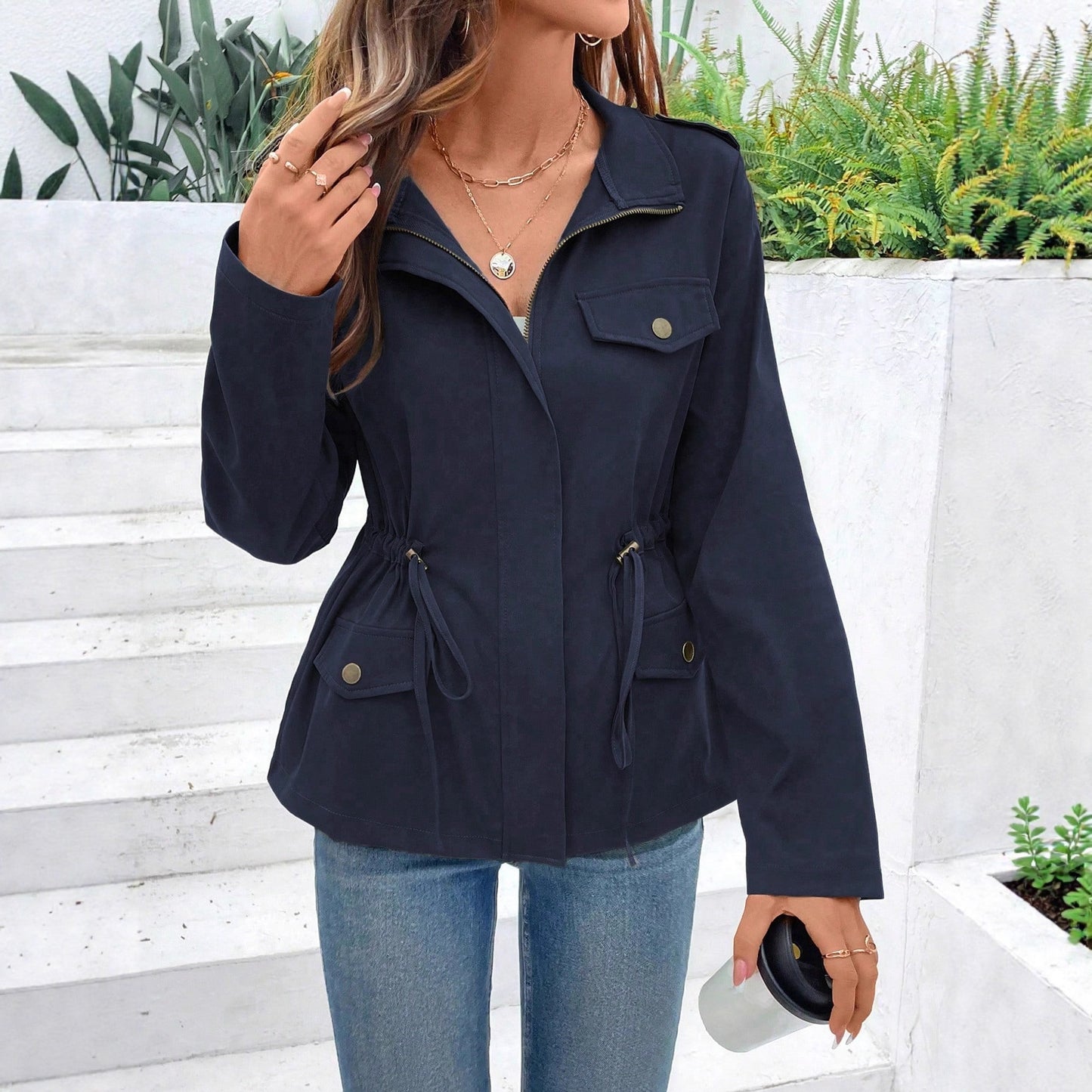 Solid Utility Jacket with Drawstring Waist and Lapel Collar