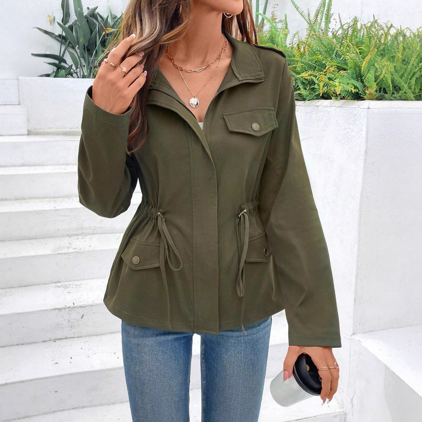 Solid Utility Jacket with Drawstring Waist and Lapel Collar