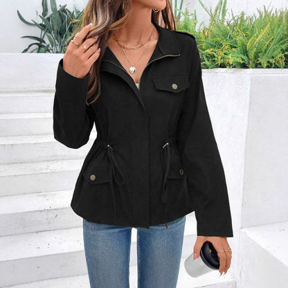 Solid Utility Jacket with Drawstring Waist and Lapel Collar