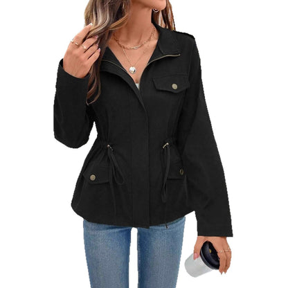Solid Utility Jacket with Drawstring Waist and Lapel Collar