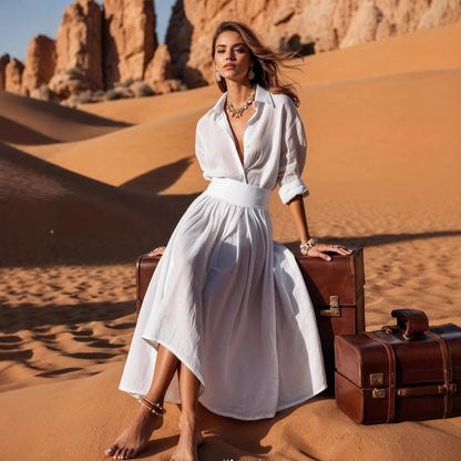 A-Line Shirt Dress with V-Neck and Cinched Waist