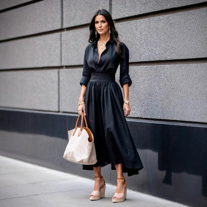 A-Line Shirt Dress with V-Neck and Cinched Waist