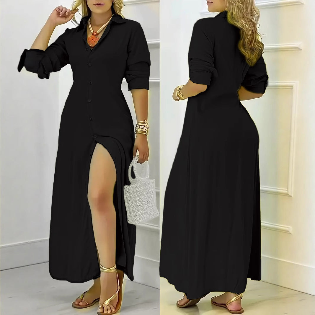 Solid Shirt Dress with Collared V-Neck and High Slit