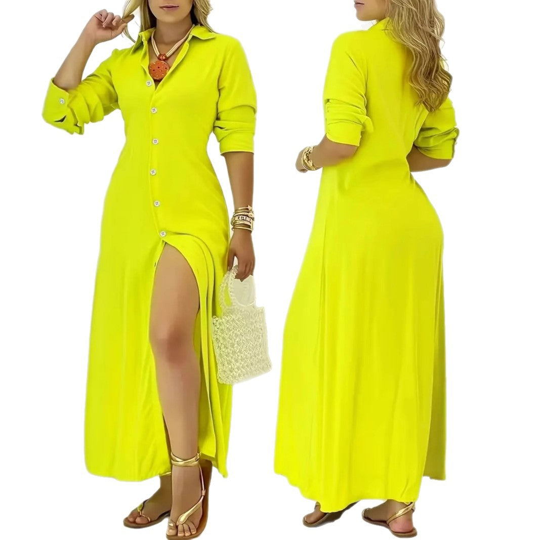 Solid Shirt Dress with Collared V-Neck and High Slit