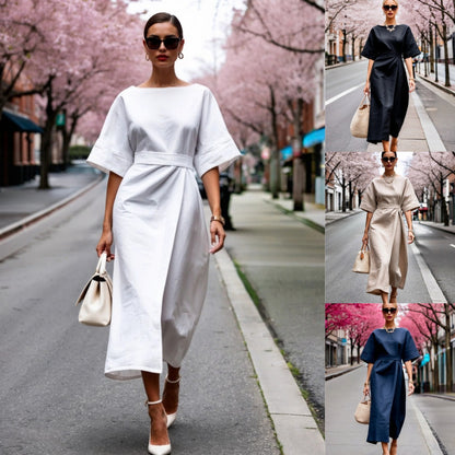 Solid Wrap Midi Dress with Kimono Sleeves and Tie-Waist