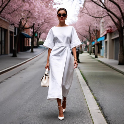 Solid Wrap Midi Dress with Kimono Sleeves and Tie-Waist