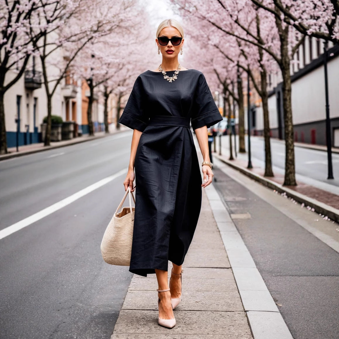 Solid Wrap Midi Dress with Kimono Sleeves and Tie-Waist