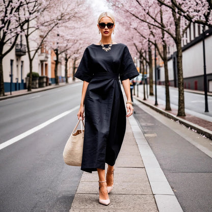 Solid Wrap Midi Dress with Kimono Sleeves and Tie-Waist