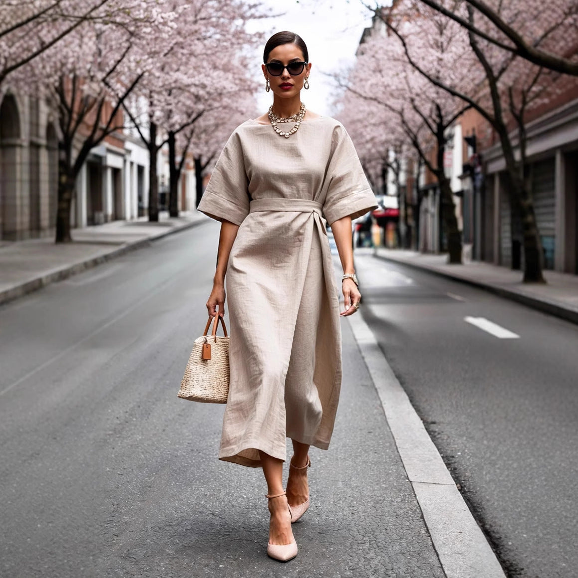 Solid Wrap Midi Dress with Kimono Sleeves and Tie-Waist