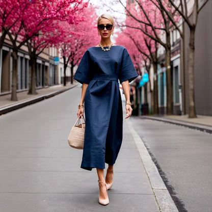 Solid Wrap Midi Dress with Kimono Sleeves and Tie-Waist