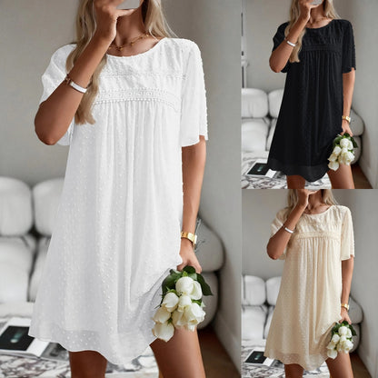 Smock Mini Dress with Swiss Dot Texture and Lace Trim