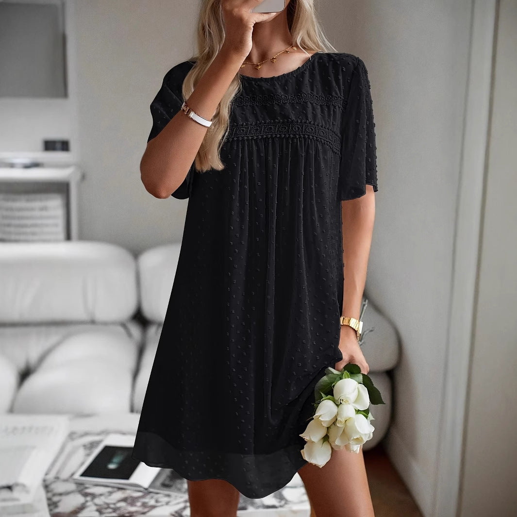 Smock Mini Dress with Swiss Dot Texture and Lace Trim