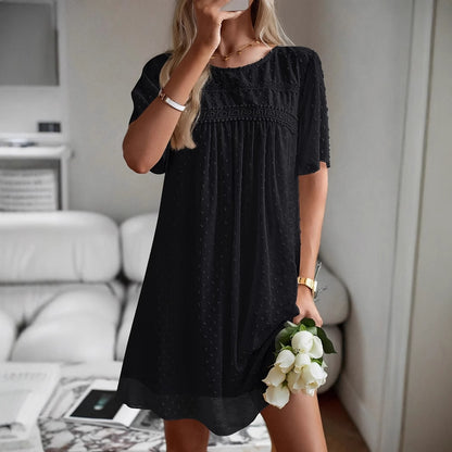 Smock Mini Dress with Swiss Dot Texture and Lace Trim