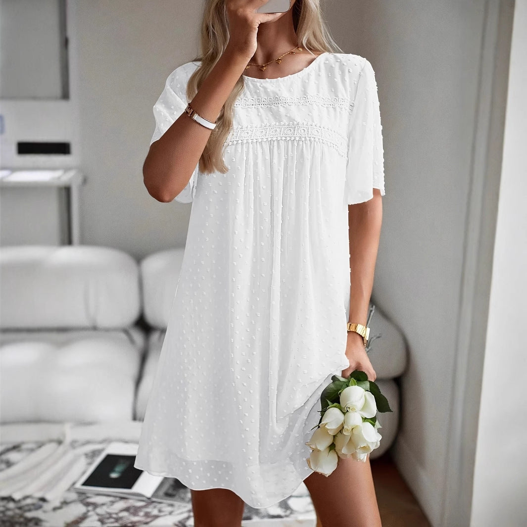 Smock Mini Dress with Swiss Dot Texture and Lace Trim