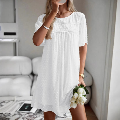 Smock Mini Dress with Swiss Dot Texture and Lace Trim
