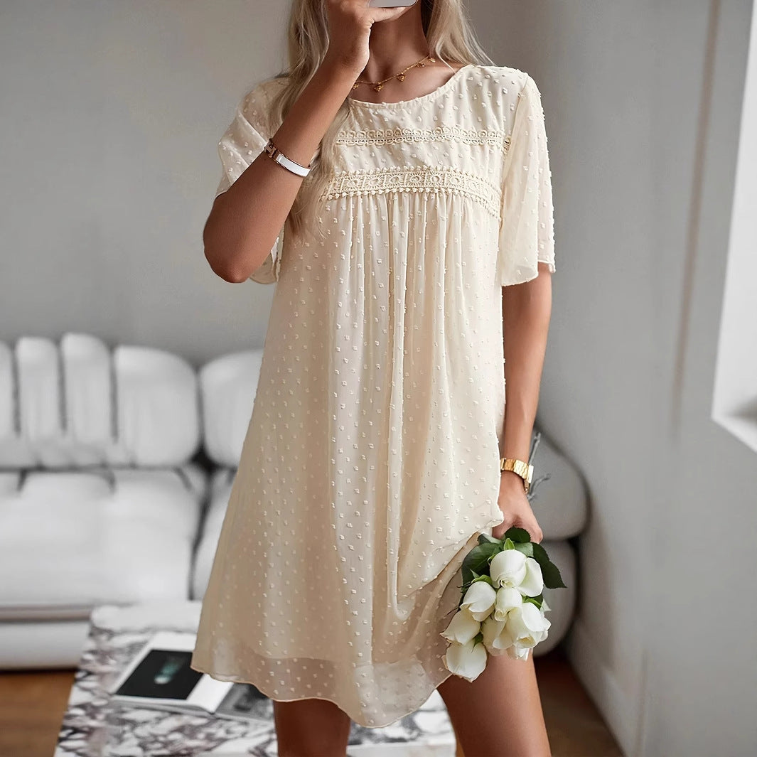 Smock Mini Dress with Swiss Dot Texture and Lace Trim
