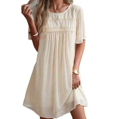 Smock Mini Dress with Swiss Dot Texture and Lace Trim