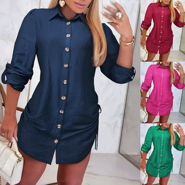 Long Sleeve Mini Button-Down Shirt Dress with Drawstring Sides