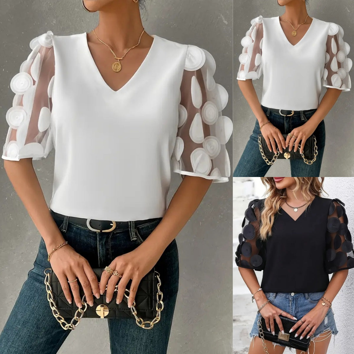 Solid V-Neck Blouse with Sheer Dot Applique Sleeves