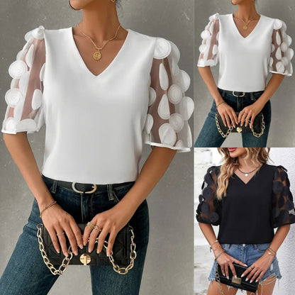Solid V-Neck Blouse with Sheer Dot Applique Sleeves