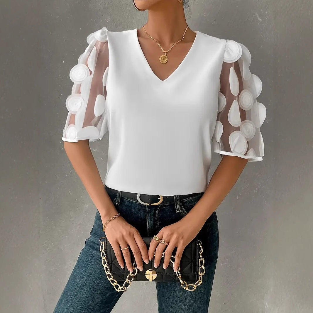 Solid V-Neck Blouse with Sheer Dot Applique Sleeves