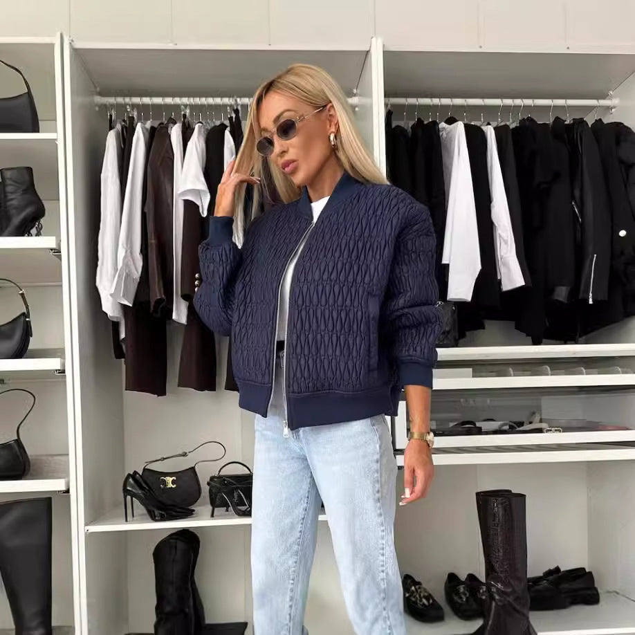 Padded Quilted Bomber Jacket with Ribbed Trim