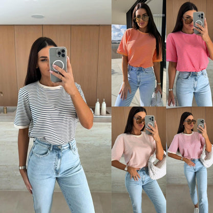 Loose Striped T-Shirt with Round Neck